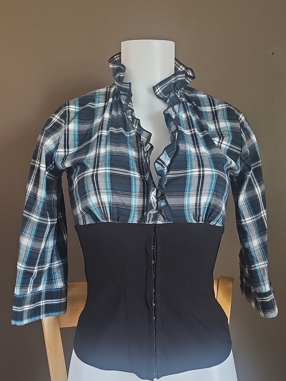 Atmosphere Teal Plaid Ruffle-Trim Button-Front Top with Black Waist